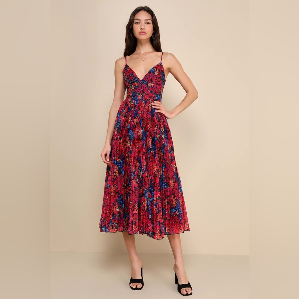 Lulu's Red Floral Midi Dress with Blue Accents